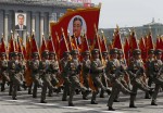 Soldiers carry an image of North Korea’s founder Kim Il-sung during a military parade to celebrate the centenary of his birth in Pyongyang