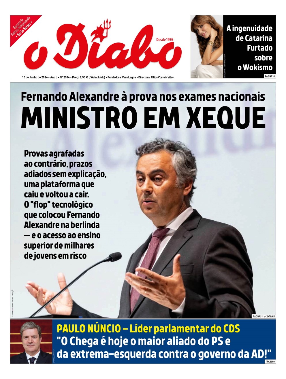 Capa da edição Nº 2584 do semanário O Diabo, de 10 de Julho de 2026, com destaque "Ministro em Xeque" sobre os exames nacionais