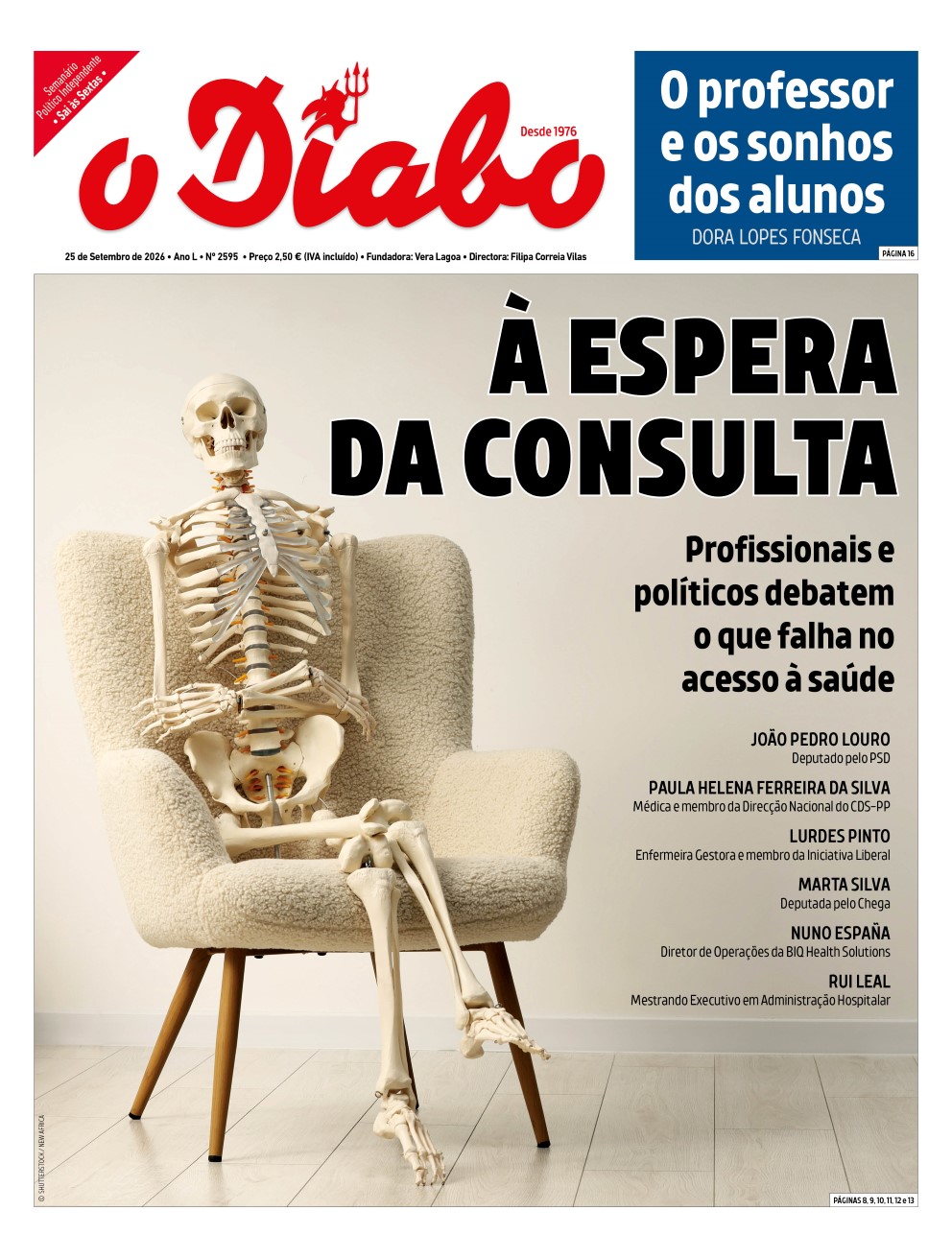 Capa do jornal O Diabo nº 2595, de 25 de setembro de 2026, com um esqueleto sentado num cadeirão e o título "À Espera da Consulta" sobre as listas de espera no SNS