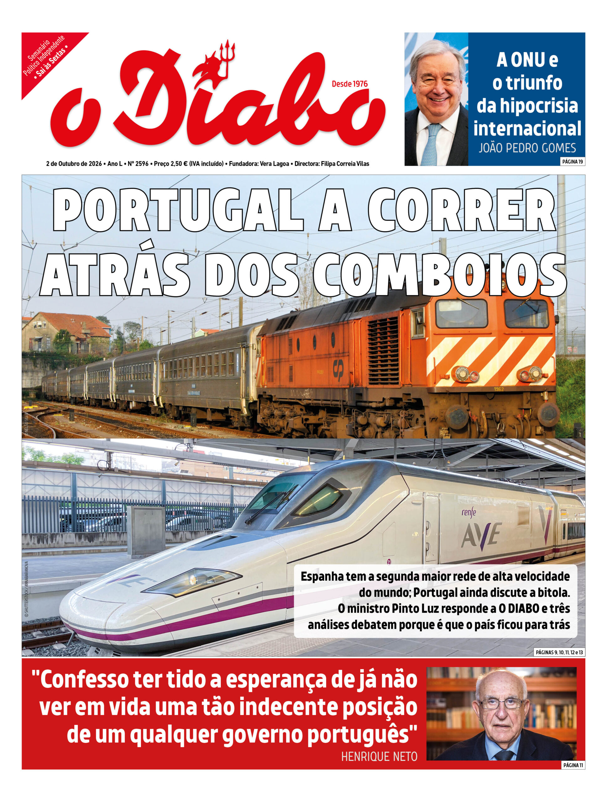 Capa do jornal O Diabo nº 2596, de 2 de outubro de 2026, com imagens de um comboio tradicional português e de um comboio de alta velocidade, e o título "Portugal a Correr Atrás dos Comboios", sobre o atraso de Portugal na ferrovia de alta velocidade face a Espanha.
