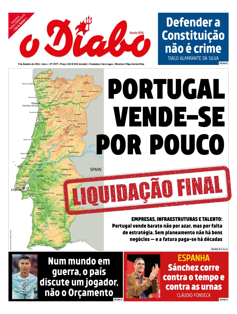 Capa do jornal O Diabo de 9 de outubro de 2026, com a manchete “Portugal vende-se por pouco” e o carimbo “Liquidação final” sobre o mapa de Portugal
